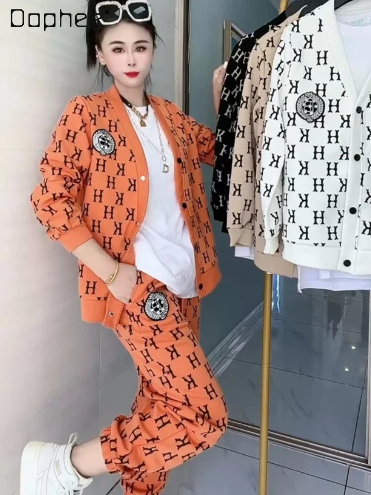 

Fashion Printed Casual Pants Set 2024 Spring Autumn New Buckle Sweatshirts Cardigan Loose-Fit Tappered Trousers Two-Piece Set