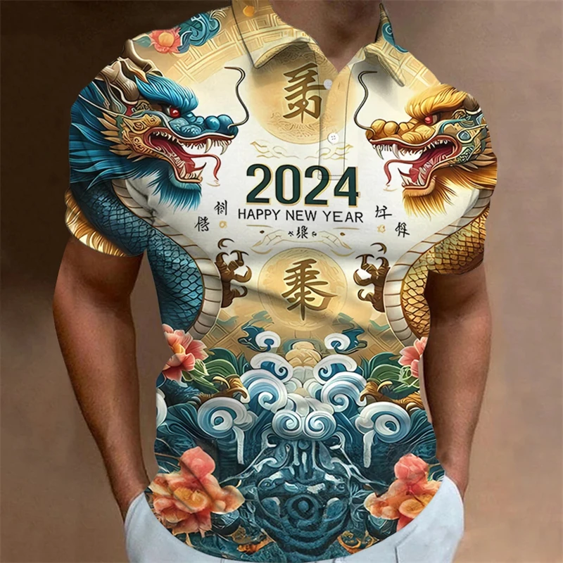 2024 Animal Polo T-Shirts For Men 3d Chinese Loong Printed Men's Clothing Oversized Shirts Summer Casual Short Sleeved Tops Tees