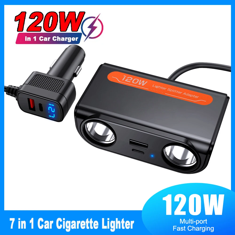Car Cigarette Lighter Adapter USB PD Power Socket with LED Voltmeter Car Cigarette Splitter 120W 12-24V Auto Accessories