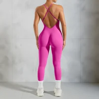 Women Strappy Backless One Piece Jumpsuits Tummy Control Shapewear Square Neck Padded Tracksuits Workout Rompers Jumpsuits