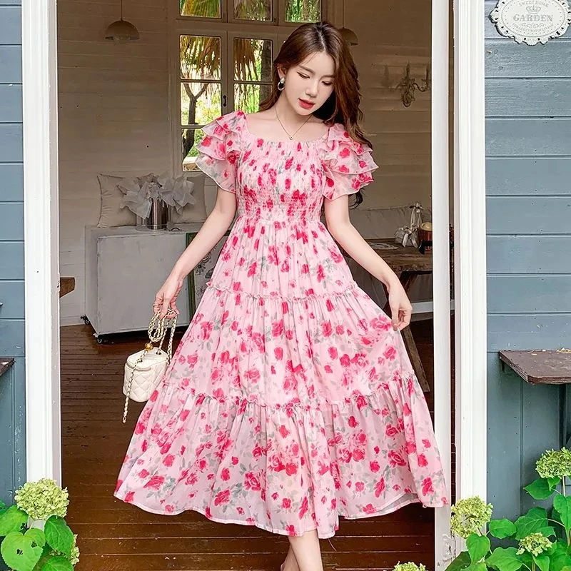 

2024 Summer Women Dress Bohemian Floral Pleated Chiffon Dress Vintage Puff Sleeve Printed Draped Midi Beach Dresses Vestidos