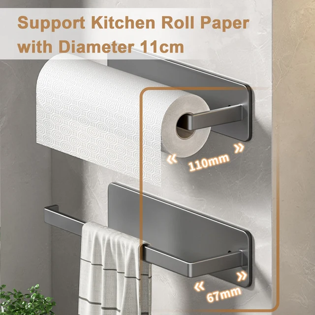Porte-serviettes en papier auto-adhésif, porte-rouleau de papier toilette, sans poinçonnage, cuisine salle de bains, support de rangement allongé, gris noir blanc 2