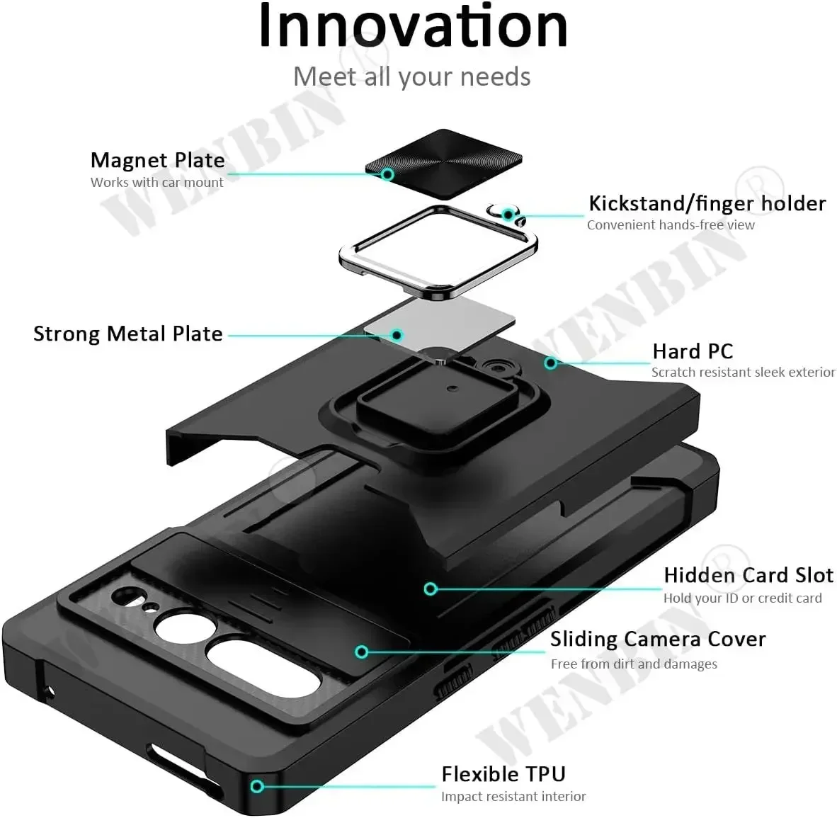All-in-One Heavy Duty Protective Case with Sliding Camera Cover, Card Holder, and Magnetic Kickstand Ring for Ultimate Durability and Convenience
