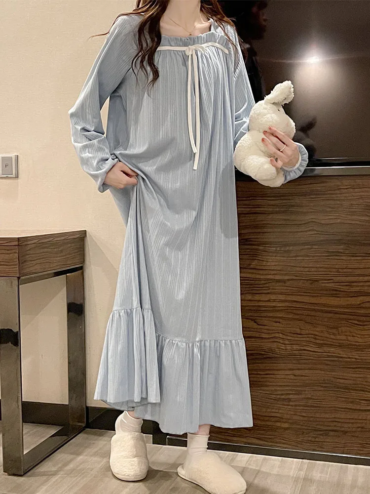Cotton Solid Square Collar Women's Home Pajamas Spring Fall Sweet Bow Long Maternity Nightdress Ladies Loose Casual Nightgown