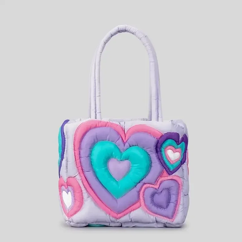 

New Down Love Tote Bag Women's Large Capacity Cotton Filled Handbag Colourful Patchwork Shoulder Bag 2024 Winter New
