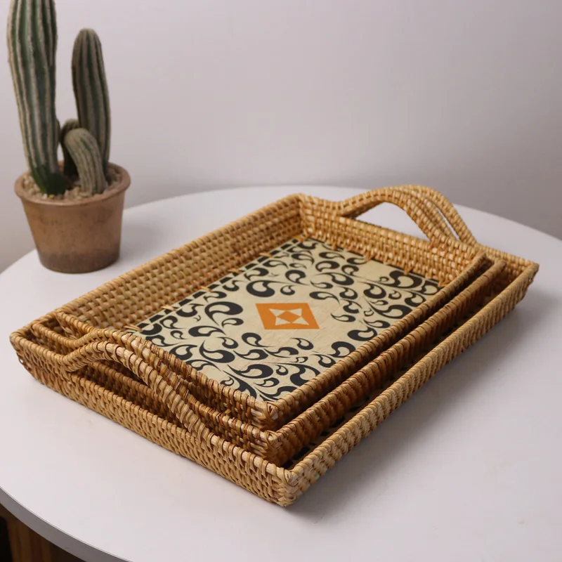 

Custom Vintage Rattan Knitted Basket Southeast Asia Ethnic Print Square Small Fruit Square Tray Pattern Large Fruit Plate