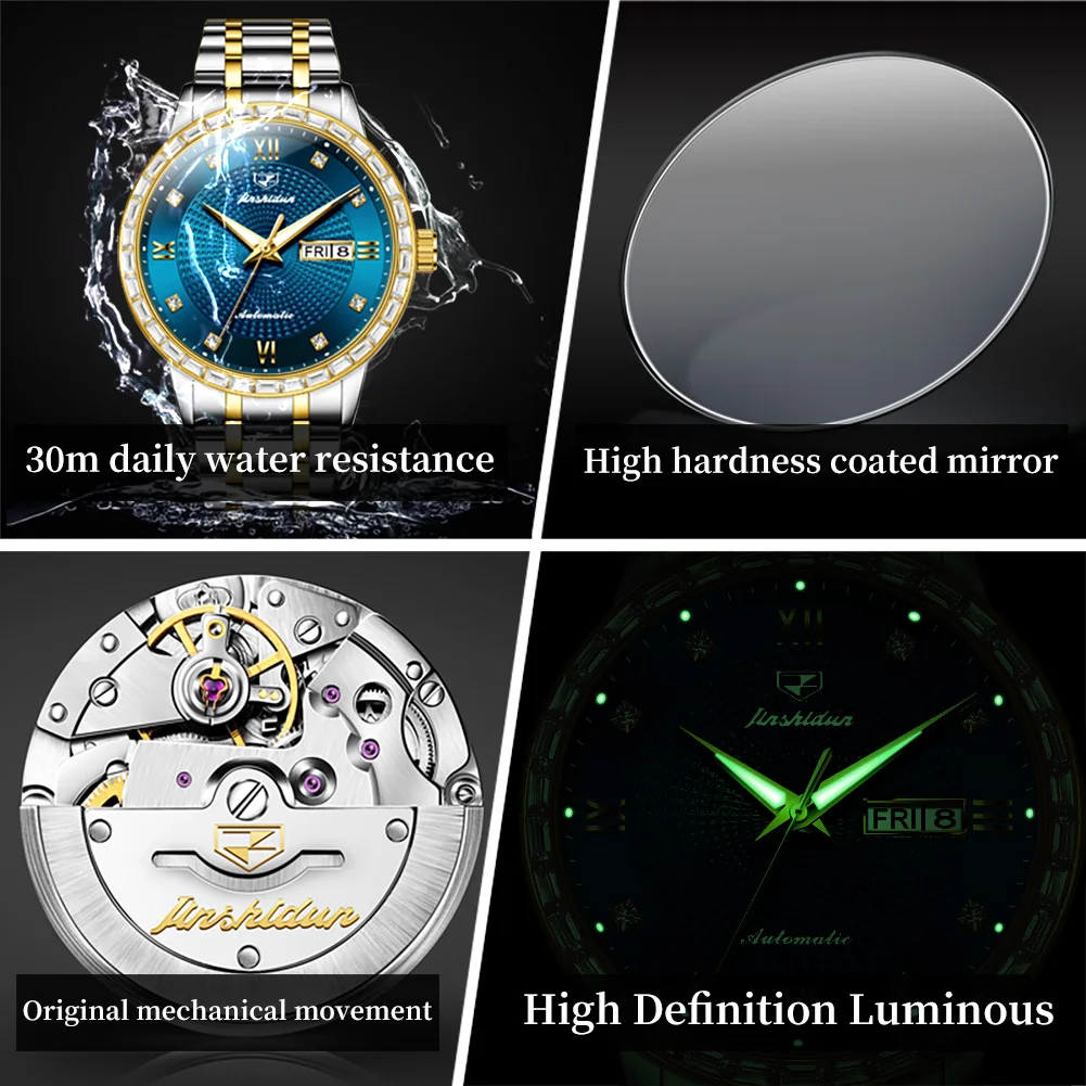 JSDUN 8959 Man Watch Classic Diamond Scale Mechanical Watch For Men Top Brand Week Date Display Luxury Wristwatch Waterproof