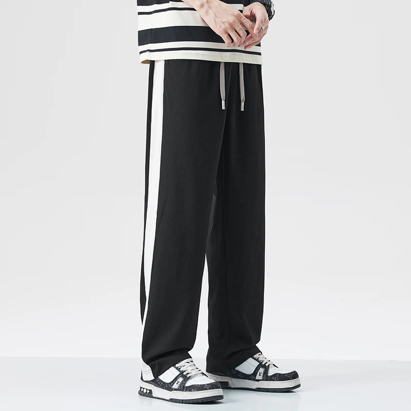 Ice Shreds Straight Trousers Summer New Men's Contrast Color Patchwork Elastic Sagging Drawstring Sensation Fashion Loose Pants