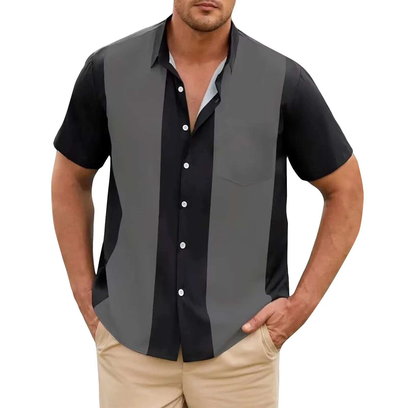 Fashion Business Stripped Splicing Shirt For Men Vintage Casual And Versatile Button Down Bowling Short Sleeve Summer T-Shirt 4