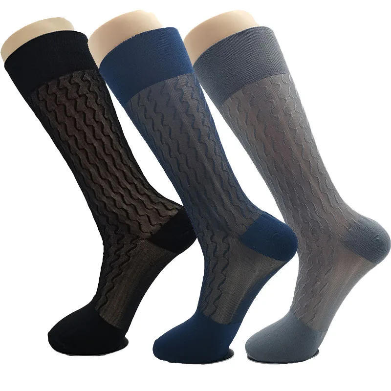 6 Pairs Large Brand Man Polyamide Silk Socks Luxury High Quality Thin Men's Stockings Fashion Jacquard Wave Long Sheer Socks