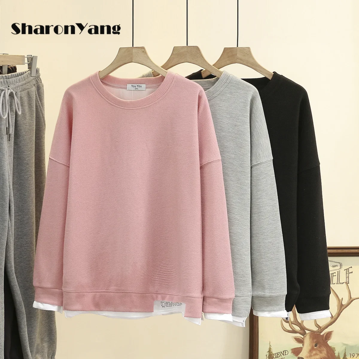 

2XL-4XL Spring Korean Version Large Size Sweatshirt Women Casual Loose Fake Two Piece Waffle Pullover Women Tops
