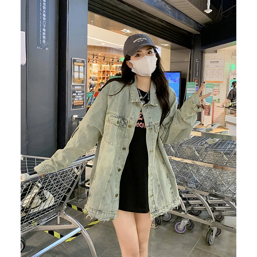 

2022 Autumn New Heavy Industry Vintage Washed Distressed Lapel Denim Jacket Women's Free Shipping