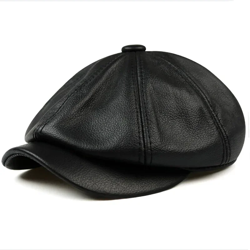 Retro Brown Hats Men Spring/Winter 100% Real Leather Warm Cap Male Beret Painter Boina Cowhide Octagonal Casquette High Quality 6