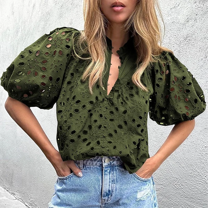 

Hollowed-out Embroidery Lace Jacquard Blouse Women 2024 Spring Stand Collar Button Shirt Summer Lantern Short Sleeve Office Tops