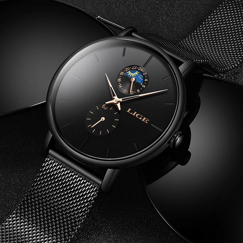 LIGE Women Watches Top Brand Luxury Watch For Women's Simple Quartz Clock Waterproof Watches Sun Moon Phase reloj mujer Gifts