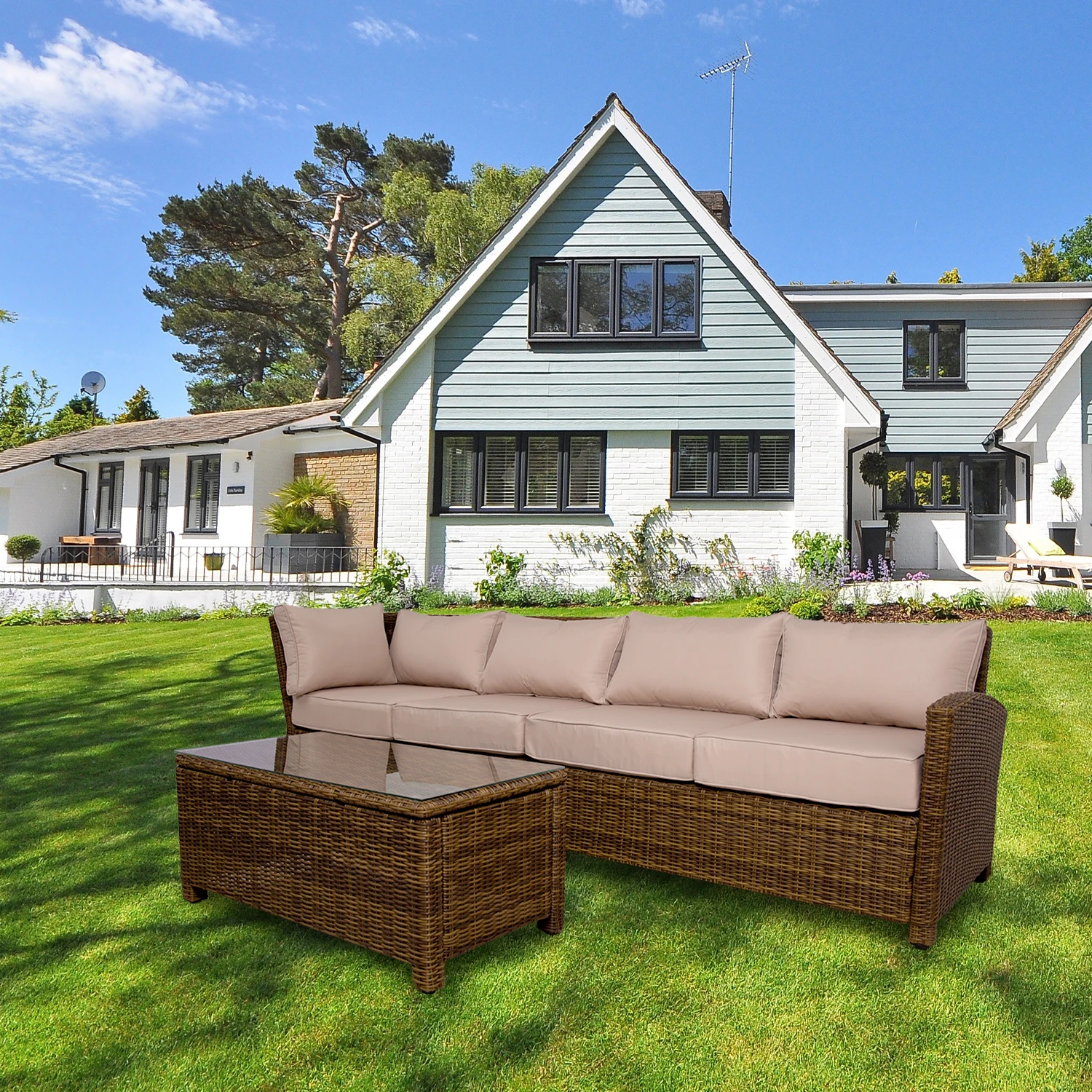 

4-Piece Rattan Sectional Sofa Sets Waterproof Patio Bistro ConversationFurnitureSets with Soft BeigeCushionsTempered GlassTable