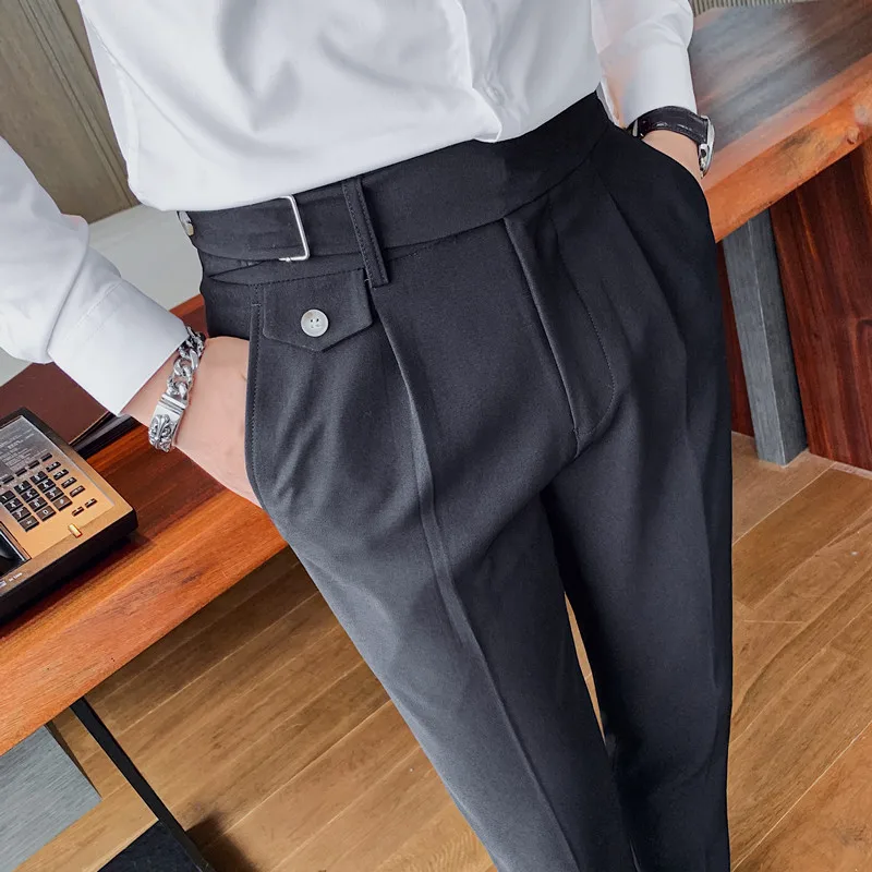 Pantalon taille haute pour hommes, nouveau Design, couleur unie, style  anglais, décontracté, costume, pantalon, ceinture, droit, Slim, blanc,  vêtements, 2023 - AliExpress