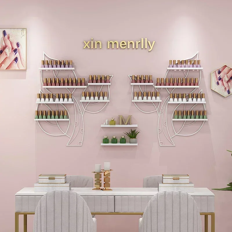 Gold Clover Nail Polish Display Shelf Handmade Iron Wall Mounted Cosmetics Storage Cabinet Nail Salon Shop Decoration