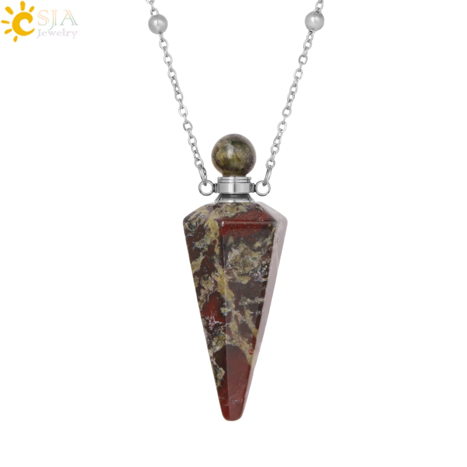 Natural Stone Cone Perfume Bottle Necklace with Healing Clear Quartz Crystal Pendant and Essential Oil Diffuser