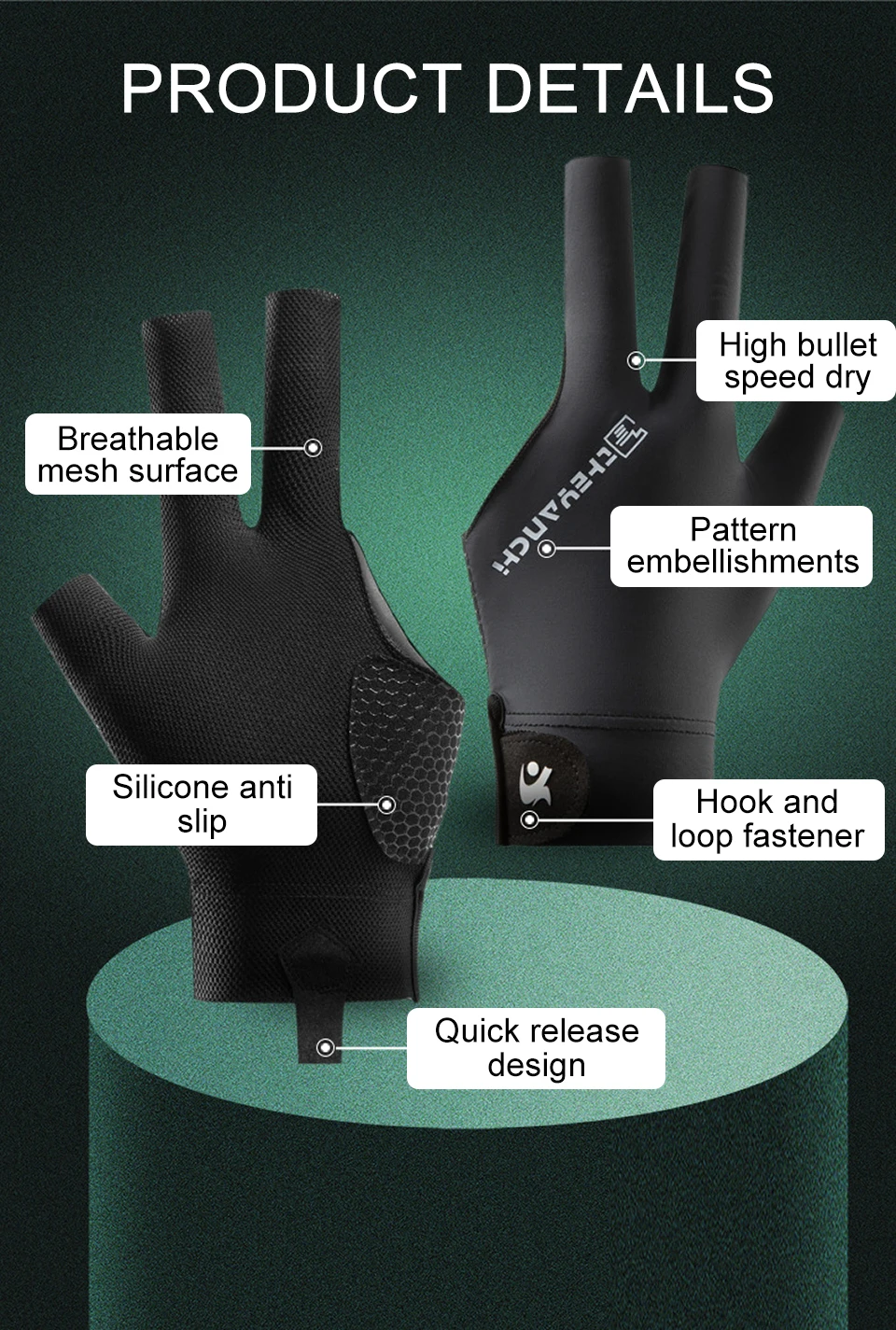 Description Picture 4 of itemKoKossi Billiards Gloves Three Finger Lightweight Breathable Exposed Finger Anti slip Snooker Anti slip 1Pcs Table Tennis Gloves