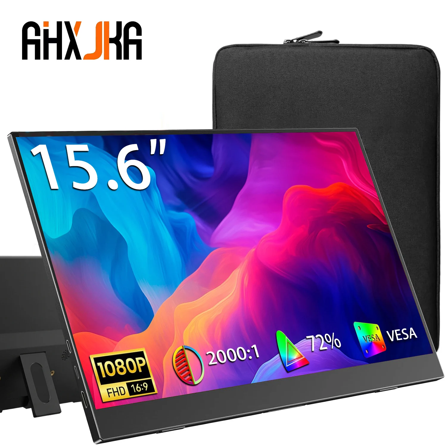 AHXJKA 15.6인치 휴대용 모니터 1920x1080P 확장 디스플레이 IPS 패널 펜홀 스탠드 VESA USBC 미니 HDMI 모바일 디스플레이 여행용