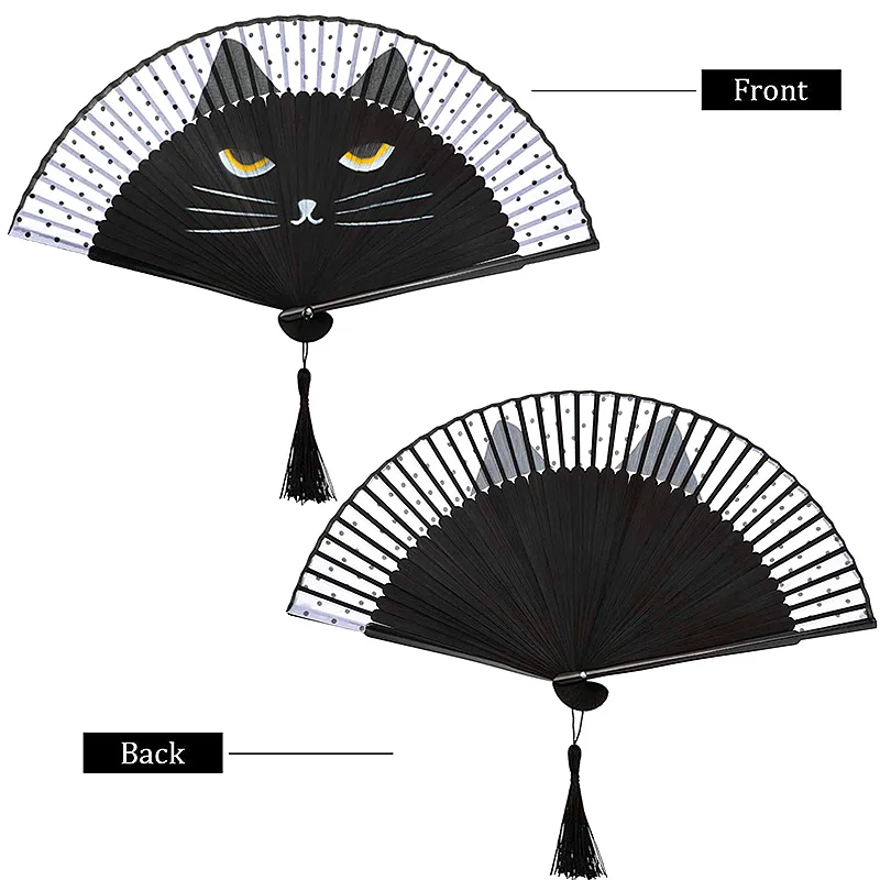 Fashionable Cartoon Cat Cloth Fans Japan Style Performances Hand Held Fans Popular Lovely Folding Bamboo Fan Wedding Party Gift