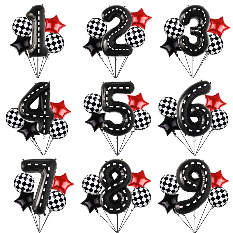 

5pcs racing themed birthday balloon set with black and white striped digital balloon 1 2 3 4 5 6 7 8 9 year old party decoration