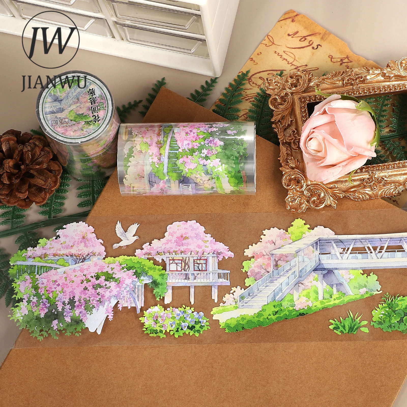 JIANWU 70mm*5.4m 빈티지 식물 꽃 복도 풍경 소재 콜라주 스크랩북 PET 테이프 창의적인 DIY 저널 문구류
