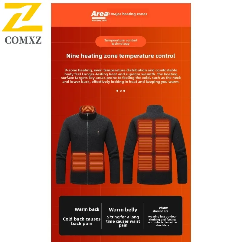 Mens Electric Heated Polar Fleece Jacket Smart Tech Constant Temperature Control Winter Warm Outerwear Windproof Thermal Coat