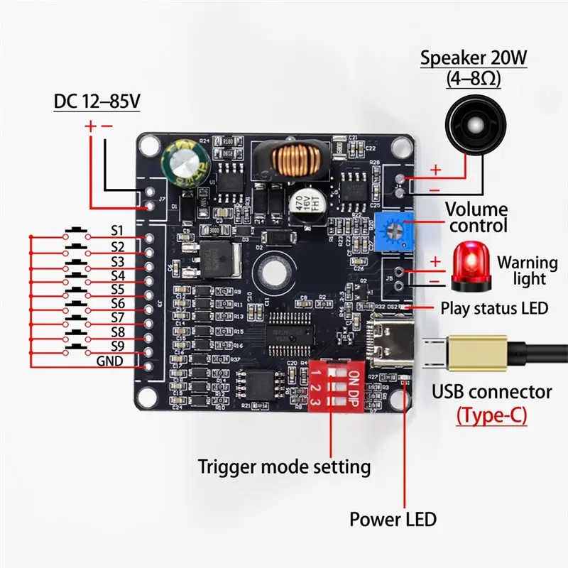 AA84 음성 MP3 플레이어 모듈, 20W HF20W 광전압 85V 일대일 트리거 맞춤형 오디오 플레이어 모듈