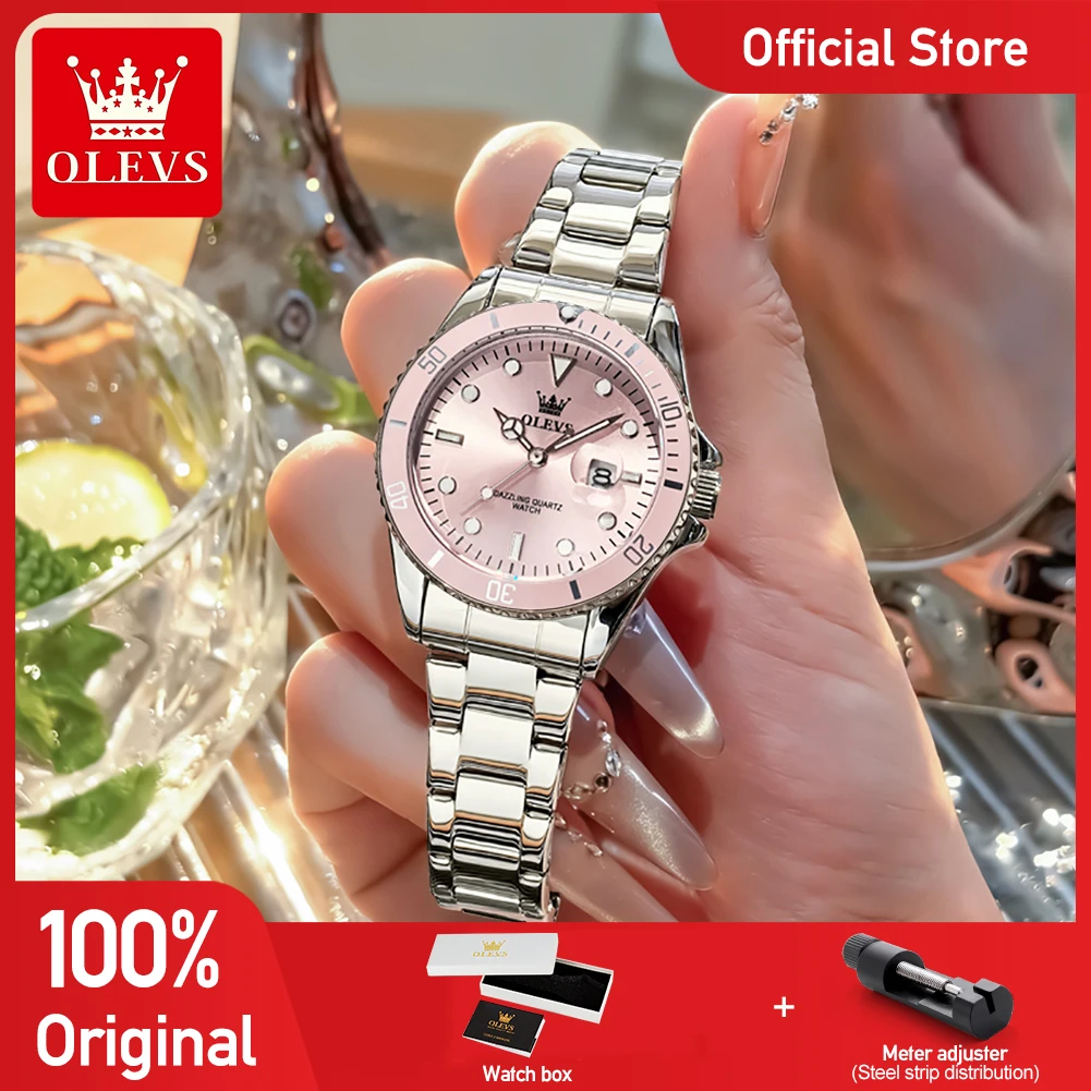 ساعة نسائية OLEVS 5885 رياضية أصلية أنيقة وعصرية، ساعة كوارتز مقاومة للماء مضيئة للسيدات مع علبة هدايا