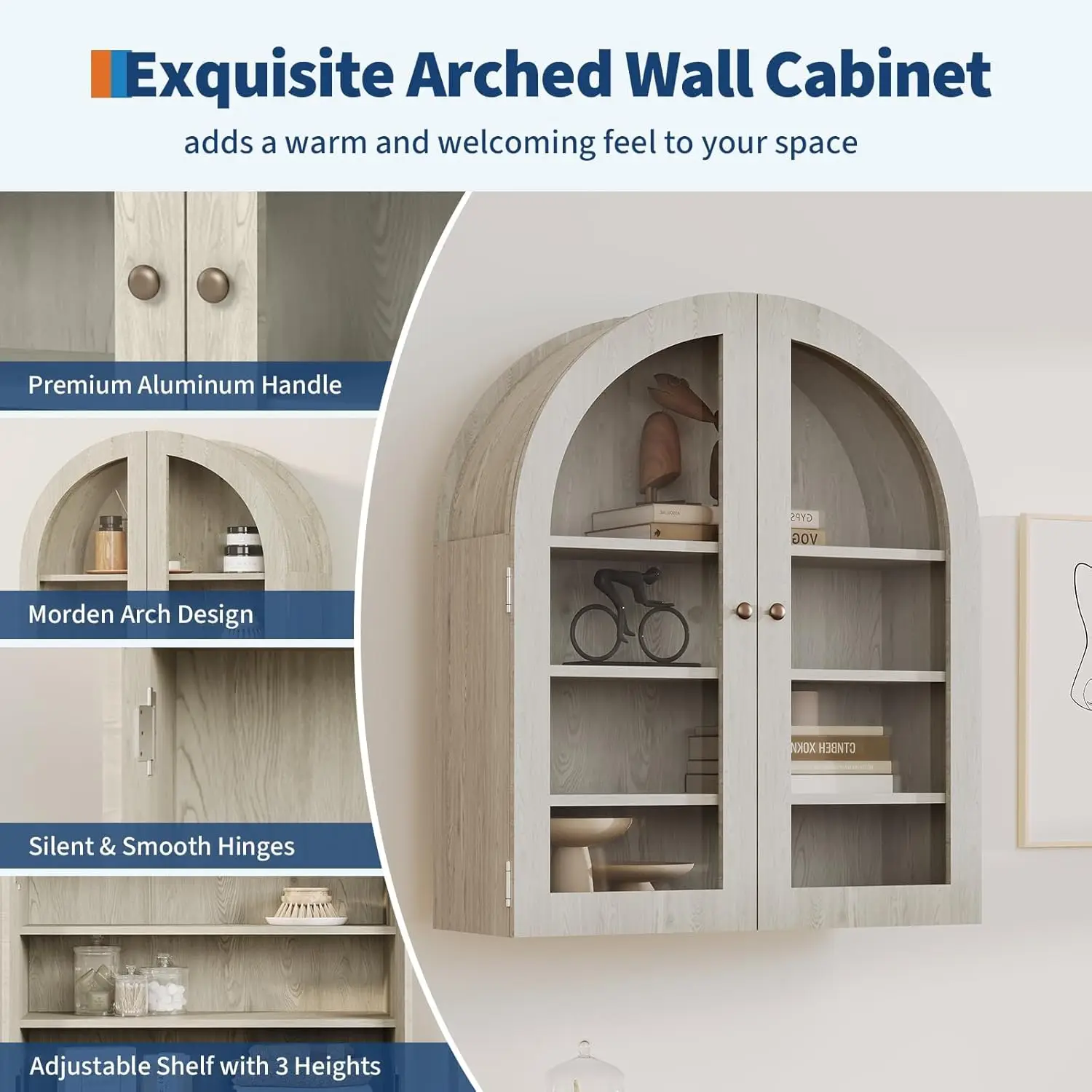 Arched Wall Cabinet with Doors & Adjustable Shelf, Modern Wood Medicine Cabinet, Wall Mounted Storage Cabinet