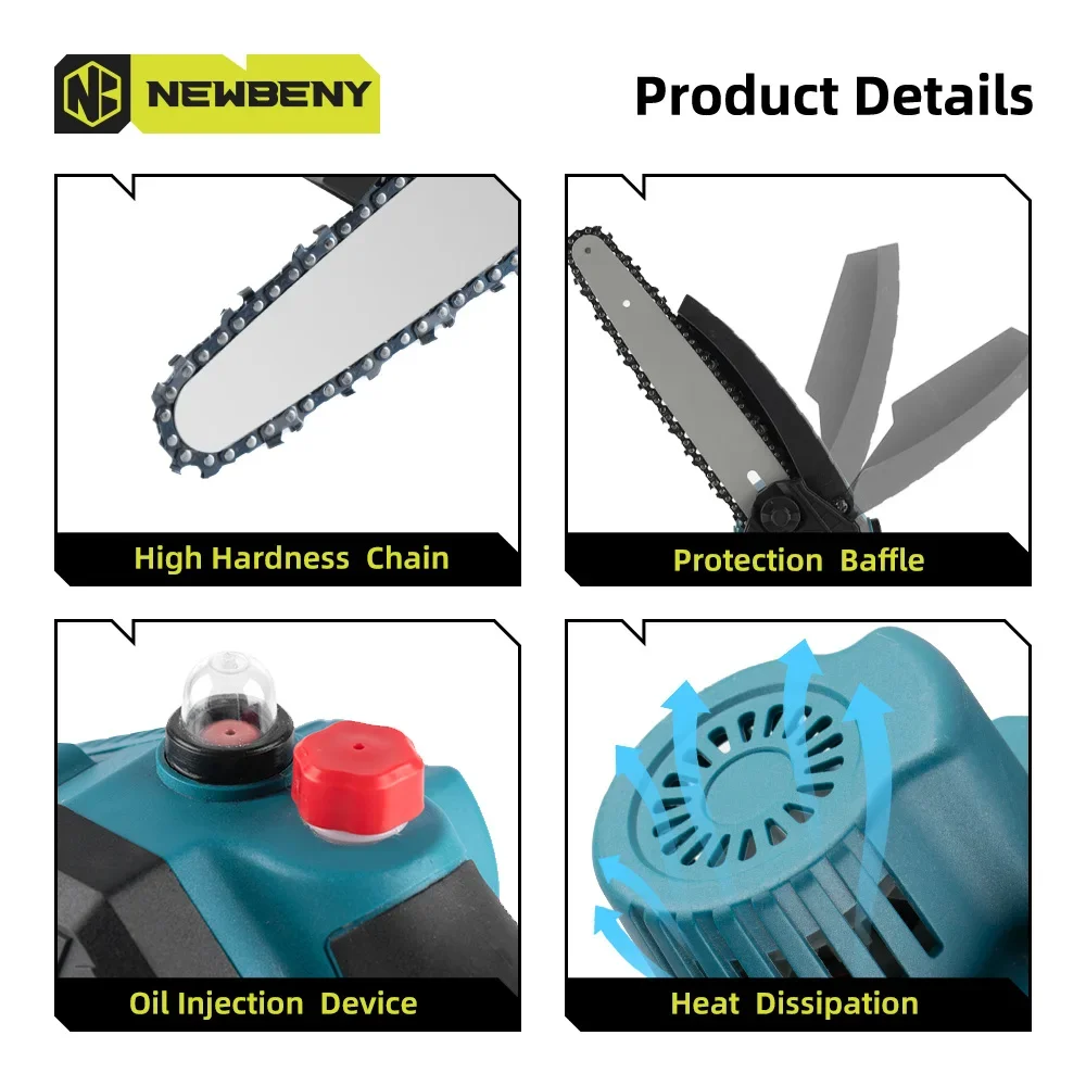 NEWBENY 8 Inch Brushless Cordless Oil Electric Chain Saw Handheld Rechargeable Woodworking Cutting Tool For Makita 18V Battery 5