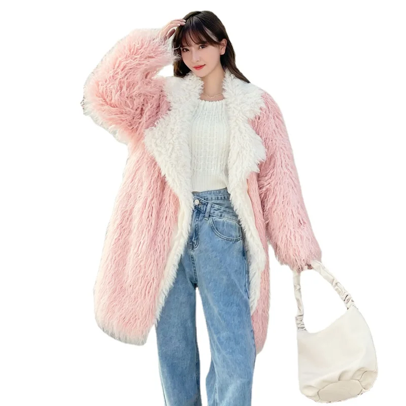 

Pink Faux Fur Coat Paneled Lamb Wool Overcoat Winter Clothing Imitation Beach Wool Mid-length Toca Lapel European and American