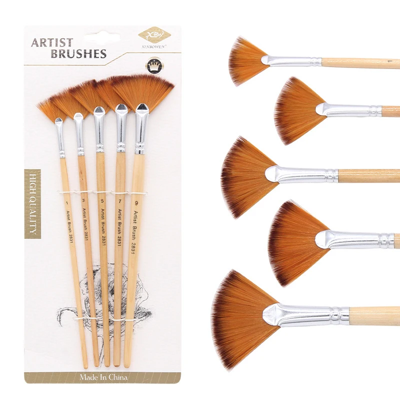 

5Pcs/Set Fan Shaped Nylon Hair Painting Brushes Wooden Gouache Handle Sector Paint Brush Set School Oil Watercolor Art Supplies