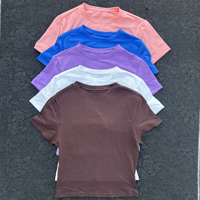 Solid color round neck women soft breathable tight belly short-sleeved T-shirt comprehensive training sport fitness short-shirt