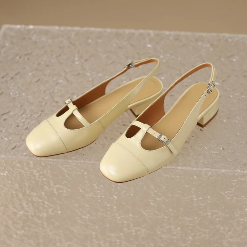 Genuine leather round toe Mary Jane sandals, retro thick heeled high heeled women's shoes