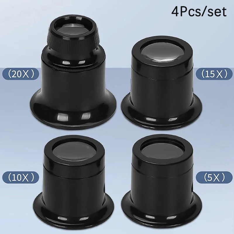 5x/10/15x/20x 시계 수리 도구 키트 쥬얼리 루페 돋보기 돋보기 시계 제조 도구 4pcs 아이 루페 돋보기
