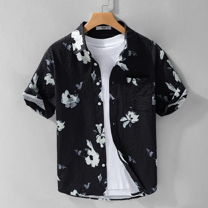 Men's Hawaiian Shirts Short Sleeve Beach Shirt Vacation Button Down Shirts Relaxed Fit Bubble Texture Casual Flower Printed Tops
