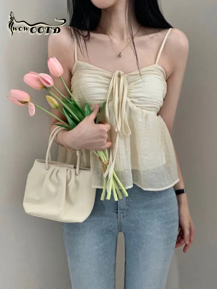 

WOWOOTD y2k Streetwear Folds Crop Top With Tie Up Women's Summer Strap Tee Korean Fashion Camis Fairycore Sleeveless Corset Top