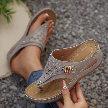 Large Size Casual Sandals Women Summer New Thick Sole Clip-toe Hollowed Ladies Slides Flip Flops Wedge Heel Solid Color Slippers