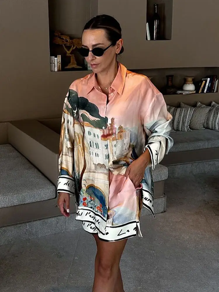 Fashion Printed 2 Piece Set Loose Lapel Button Long Sleeved Shirt Elastic Waist Shorts Suit 2025 Summer Autumn Beach Lady Set 4