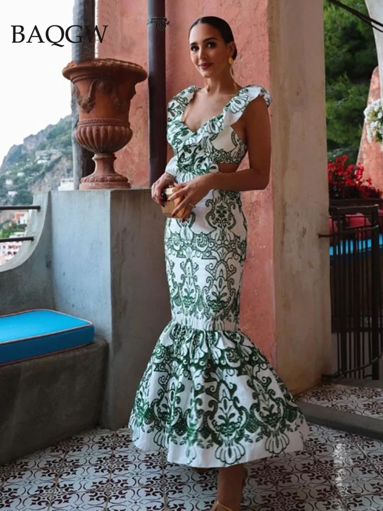 

BaQGW Women Elegant Ruffles Backless Maxi Dress Sexy V Neck Pleated Sleeveless Lace Up Vestido 2023 Summer Lady Fashion Robe