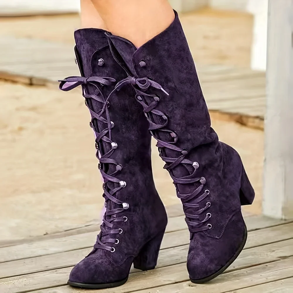 【EEUN】Lace-up long boots Amazon.com | Eusibb Blue Lace Up Knee High Boots for Women