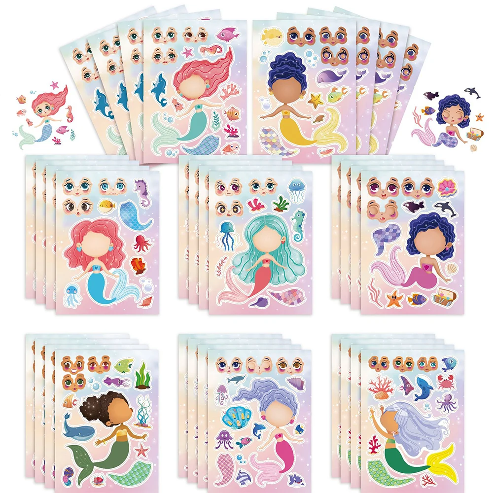 

8/16Sheets Make Your Own Mermaid Stickers Princess Cartoon Make a Face Jigsaw Children Girls Puzzle Sticker DIY Games Party Gift