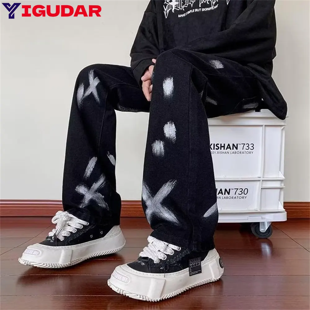 Younth Fashion Men Jeans 2022 Autumn and Winter Print Jacquard Jeans Men Mid Loose Straight Wide Leg Pants Men Clothing