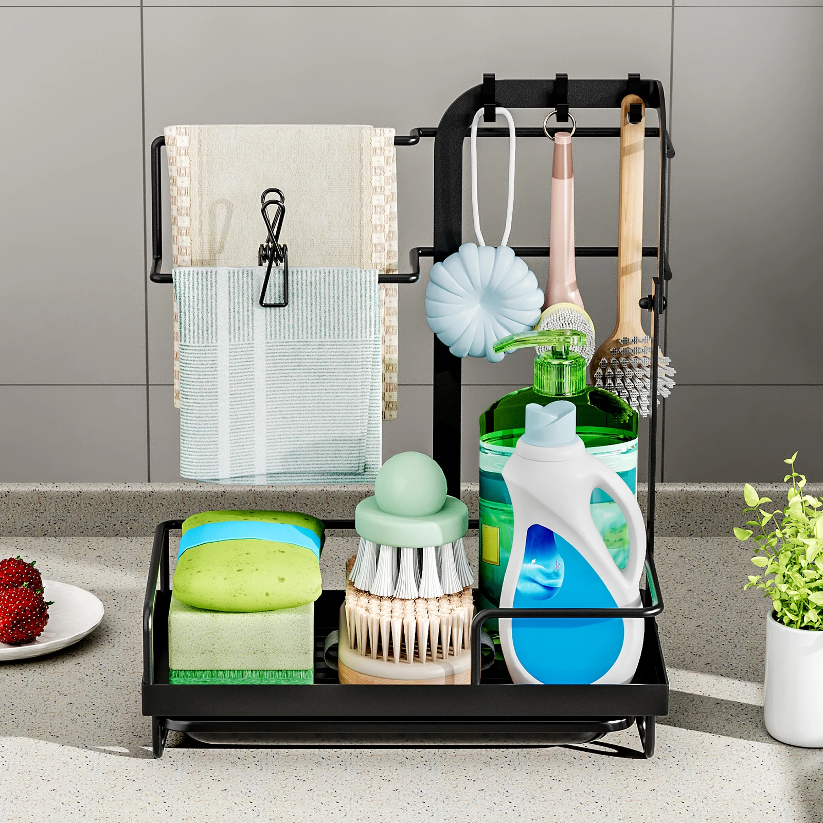 kitchen sink storage rack,faucet sponge rag holder,Bathroom drain rack with hook,Soap and cleaning supplies storage box 6