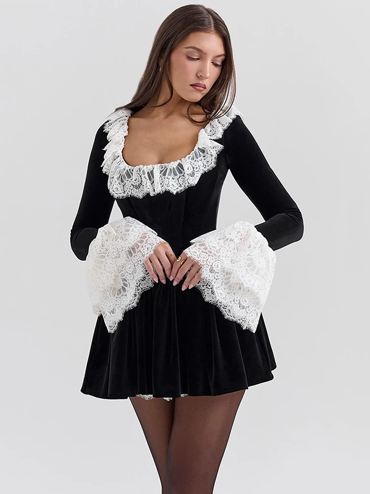 Sexy Square Neck Lace Velvet PatchWork Bodycon Dress For Women Elegant Autumn/Winter Long Sleeved Pleated Slim Vestido