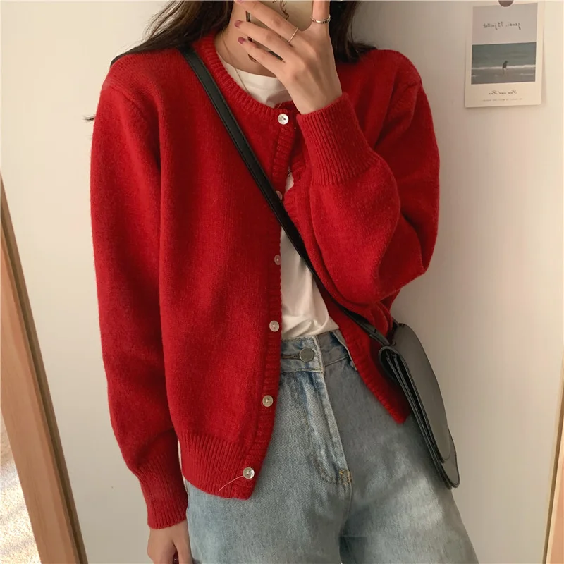 

New Autumn Winter Women Cardigan O Neck Solid Color Long-Sleeve Cardigan Sweater Short Loose Full Sweater Knitted Jacket Women