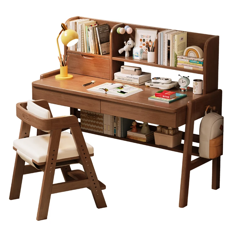Simple Solid Wood Student Desk Bookshelf for Children Metal Home Bedroom Desk Chair for Study Writing Living Room School